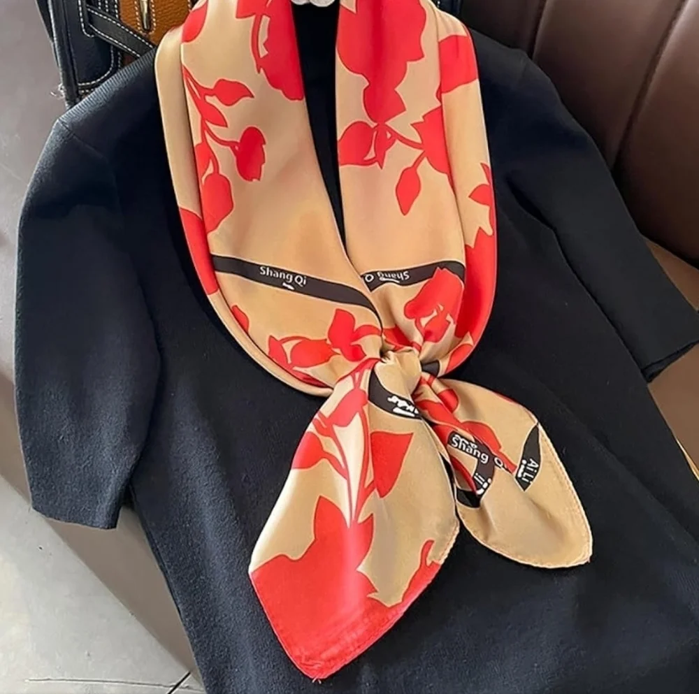 NWT Shang Qi Red Floral Silky Satin Square Scarf Head Wrap- 35